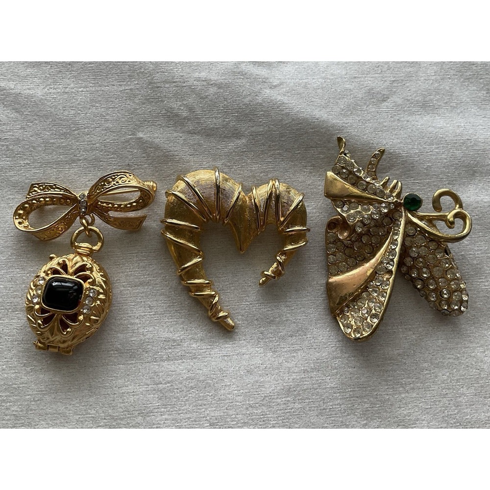 Lot Of 3 Vintage Brooch Pins Gold Tone Estate Jewelry